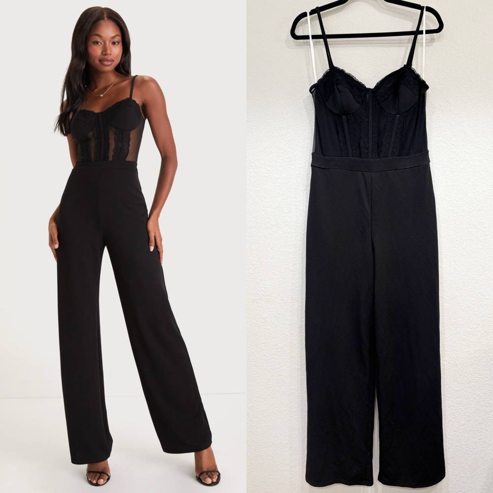 Lulu's Black Lace Bustier Wide-Leg Jumpsuit